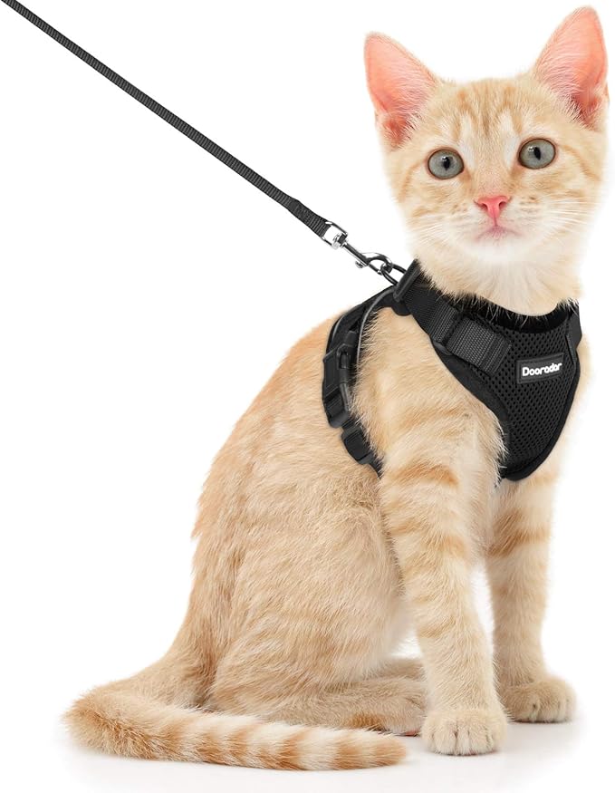 Dooradar Cat Harness and Leash Set, Escape Proof Safe Adjustable Kitten Vest Harnesses for Walking, Easy Control Soft Breathable Mesh Jacket with Reflective Strips for Cats, Black, XS