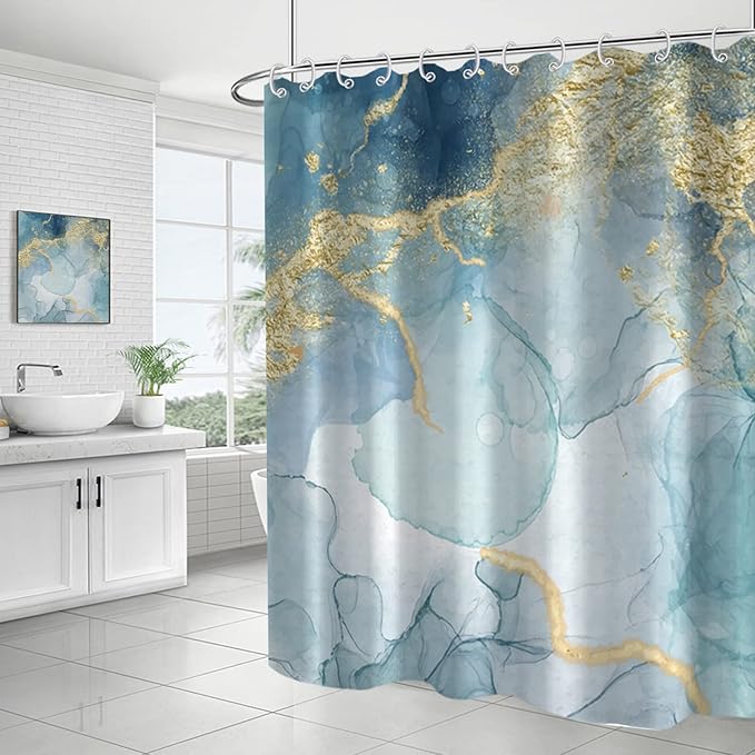 AWERT Teal Marble Shower Curtain for Bathroom Waterproof Quick-Drying Modern Abstract Shower Curtain Set with Hooks 72x84 Inch