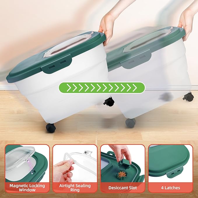 Airtight Dog Food Storage, Collapsible Pet Food Container 17-20 lb with Castors, Plastic Dog Food Bin with Pet Food Scoop & Measuring Cup for Dry Food Storage(green)