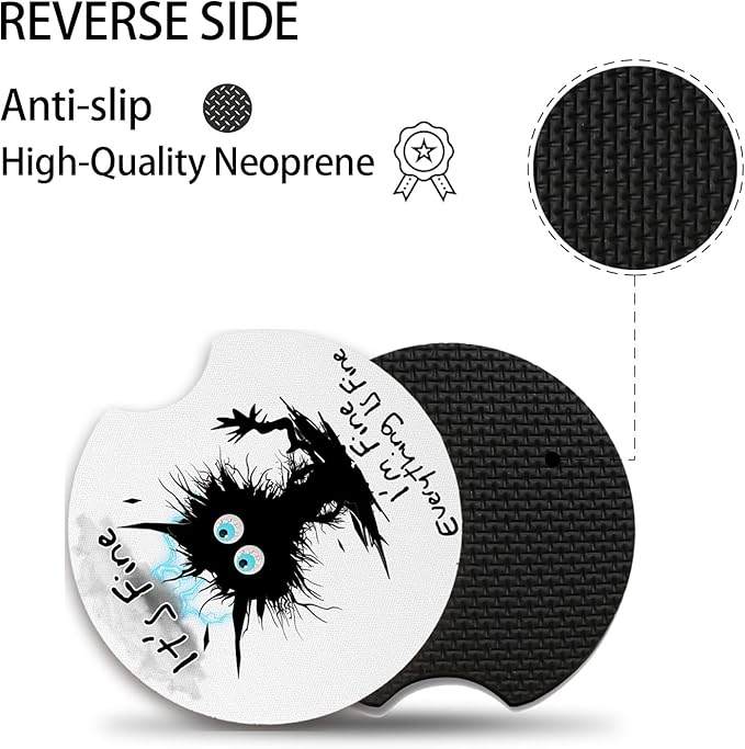 2 Pack Car Cup Holders,Universal Auto Anti Slip Insert Coaster, Rubber Car Coasters with A Finger Notch, Cute Car Assecories for Women Men (I'm Fine Cat)