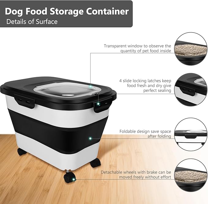 2 PCS Dog Food Storage Containers 15-20 Lbs Collapsible Dog Food Storage Container - with Measuring Cup &Scoop(black+black)