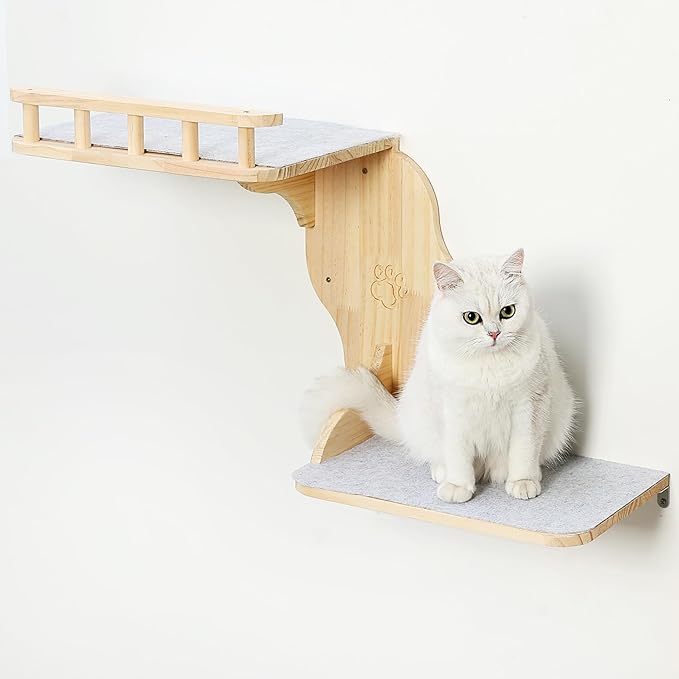 Wall Mounted Cat Shelves for Inside,2-Levels Wall Perch with Scratching Mat,Solid Pine Wood Floating Furniture for Climb,Lounge and Sleep (Left)