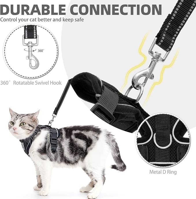 PUPTECK Cat Harness and Leash Set Escape Proof Reflective Cat Walking Harness Adjustable Soft Breathable Mesh Vest for Small Pets, Black, L