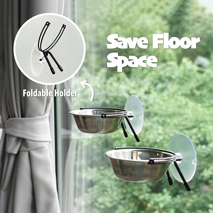 PETKARAY Window Cat Bowls, Cat Food Bowl for Window, Dog Proof Cat Feeding Station, Foldable Stainless Kitty Bowl 12 Ounces (Pack of 2)