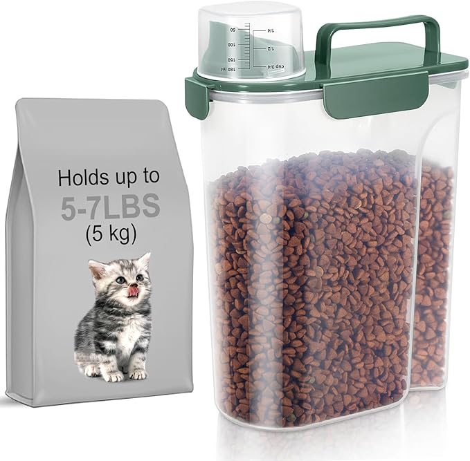 5-7Lbs Large Cat Food Storage Container, Portable Dog Food Container with Upgraded Large Spout and Cup,Pet Food Storage Dispenser for Small Animal Kibble Storage, Bird Seed Container