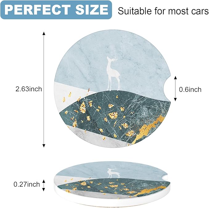 2 Pack Car Cup Holder Coasters, 2.63 inch Anti Slip Insert Absorbent Ceramic Coasters with Cork Base and Finger Notch, Cute Car Accessories for Women