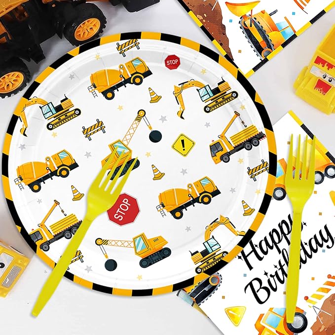 48Pcs Construction Birthday Party Supplies Excavator Trucks Theme Tableware Set Plates Napkins Forks Serves 16 Guests Construct Vehicle Baby Shower Birthday Party Decorations