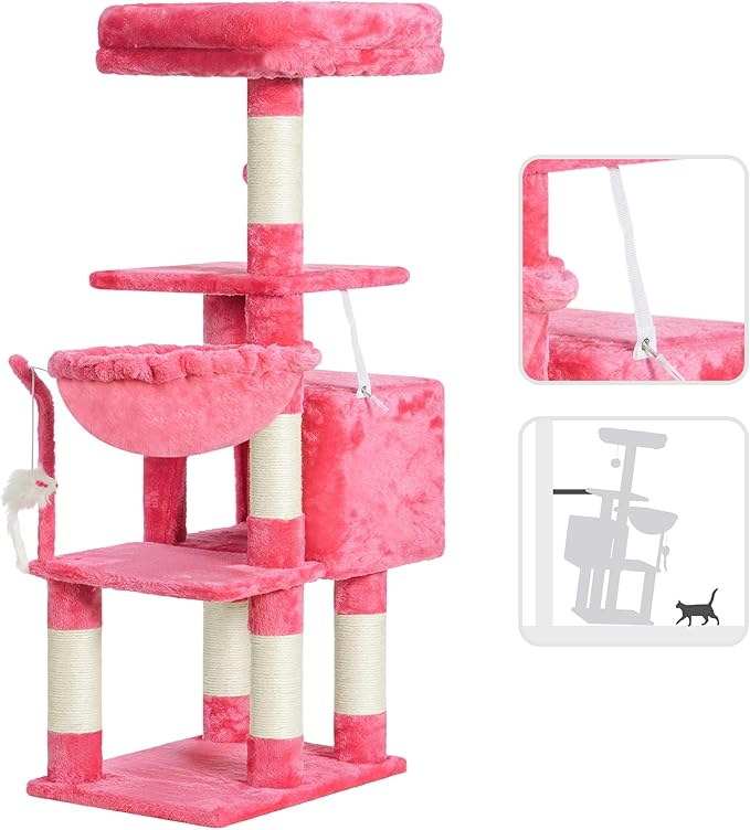 Heybly Cat Tree with Toy, Cat Tower condo for Indoor Cats, Cat House with Padded Plush Perch, Cozy Hammock and Sisal Scratching Posts, Flamingos HCT004SF