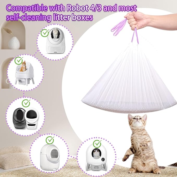 50 Pack Drawstring Cat Litter Box Liners Compatible with Litter-Robot 3/4, Waste Bags Heavy Duty for Automatic Self Cleaning Litter Box