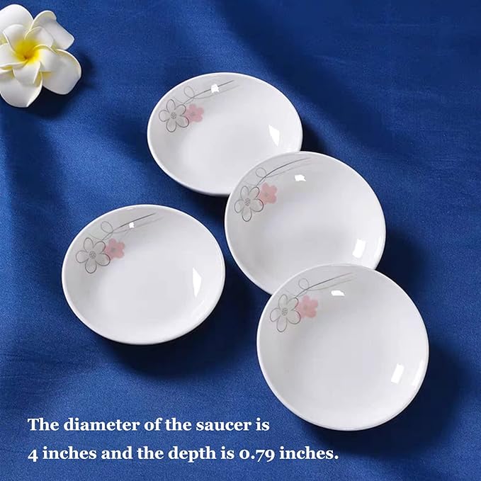 4 Pack Saucer Dishes with Pink Flower Pattern, Ceramic Dipping Bowls, 4 Inch Side Dishes Sauce Dishes for Sushi Snack, Porcelain Seasoning Dishes Appetizer Plates, Snack Serving Dishes
