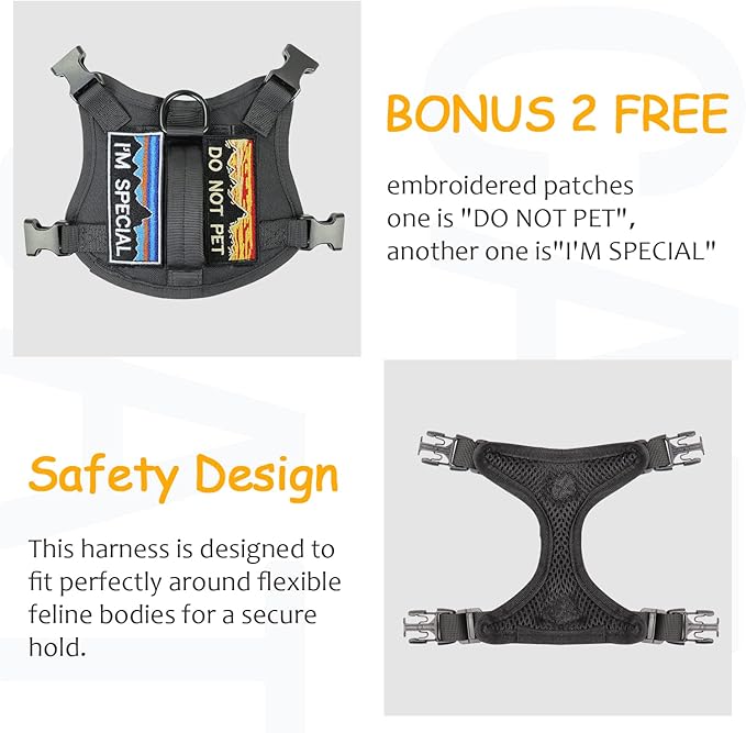 Tactical Cat Harness for Walking, Adjustable Escape Proof Pet Vest for Large Cat,Easy Control Breathable Cat Vest with Handle，Molle Patches (Black, L)