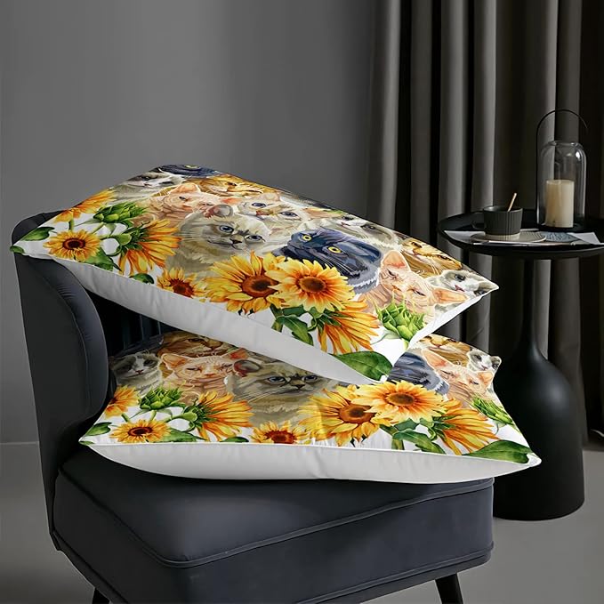 AILONEN Watercolor Cat Print Bedding Set Full Size with Sunflowers Comforter Set for Kids Boys Girls,Group of Cute Cats Soft Breathable White Tint Duvet Set 3 Pieces, 1 Quilt and 2 Pillowcases