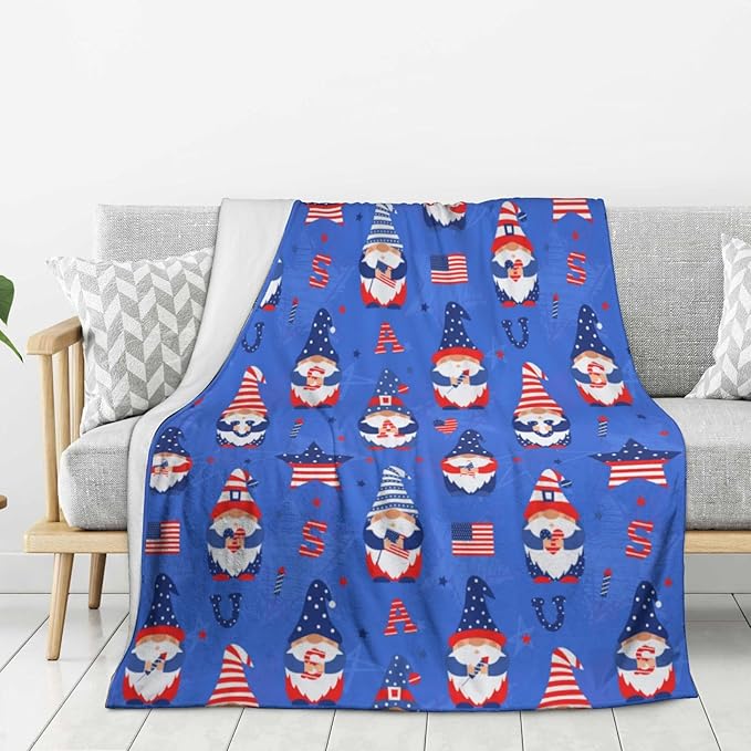American Gnome Patriotic Blanket Throw 50"x40", Plush Flannel 4th of July Memorial Day Blanket, Soft Warm Decorative for Kids Women