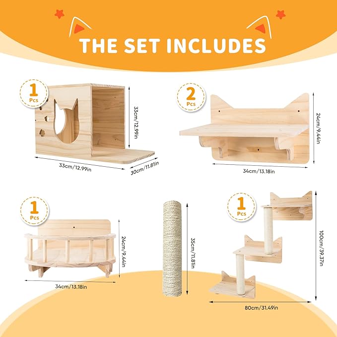 Cat Wall Shelves, Furniture Set, Shelves and Perches for Wall, Climbing Shelf Playground Scratching Post with 3 Steps Indoor Mounted Condos House