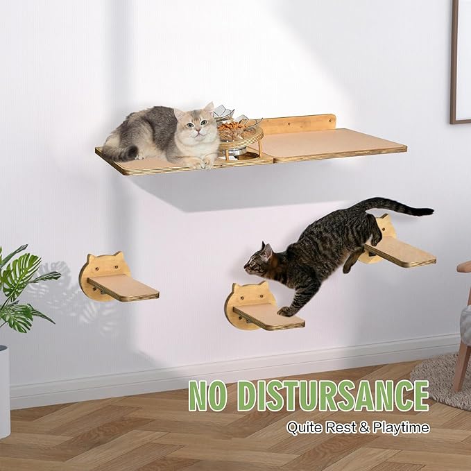 Cat Wall Shelves, Wood Cat Shelves for Wall with Cat Feeding Station, Cat Wall Furniture with 3 Cat Wall Steps, Cat Shelves and Perches, Wall Mounted Cat Climbing Shelf, Cat Lover Gift, 4 Board