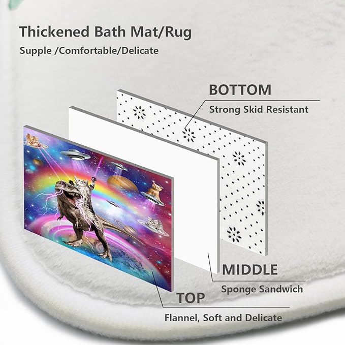 4 Pcs Cosmic Cat Shower Curtain Sets, Funny Space-Themed Bathroom Decor with UFO Cats Rainbows and Lightning T-Rex, Includes Toilet Cover and Rugs, Colorful Galaxy Bath Accessories, 72''x 72''