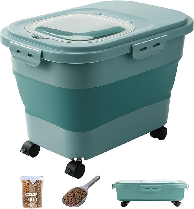 20-23 Lbs Dog Food Storage Container - Collapsible Dog Food Container with Attachable Casters and Scoop,Travel Silicone Bowl, Pet Food Storage Containers to Keep Dry Food Fresh,Easy to Move