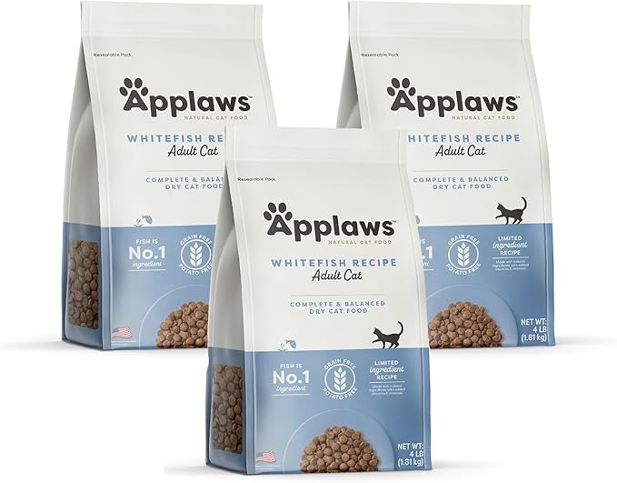 Applaws Complete Dry Cat Food, Grain Free, Limited Ingredient Food for Cats, Added Vitamins and Minerals for a Balanced Diet, Whitefish Recipe, 3 x 4 lb Bags