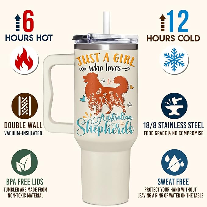 Australian Shepherd Gifts for Girls & Women, Christmas and Mother's Day Gifts for Australian Shepherd Lovers, Birthday Present Idea for Dog Owners, Dog Mom 40oz Tumbler with Handle & Straw