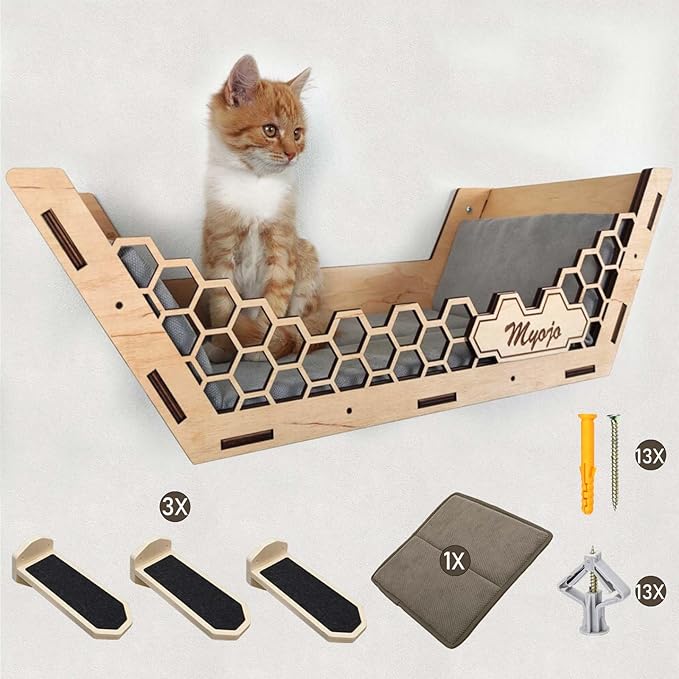 Cat Shelves Hammock for Wall Climbing and Cat Bed,Cat Wall Furniture Set with 3 Scratching Steps and Washable Bed Mat,Cat Shelf for Wall-23.7x10.7x7.5 inches