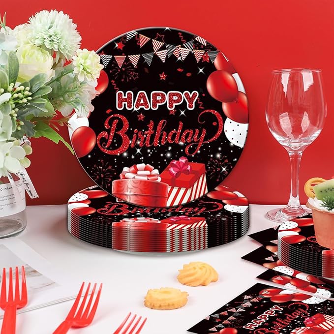 48Pcs Red and Black Happy Birthday Party Decorations for Men Women, Red and Black Balloons Pattern Birthday Decorations for Baby Shower Forks Plates and Napkins Set Party Supplies