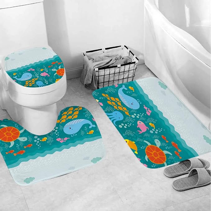4 Pcs Lovely Cartoon Sea Creatures Fabric Shower Curtain for Kids with Non-Slip Rugs, Whale Turtle and Fish Bathroom Decor Curtain for Girls and Boys Fabric Polyester Waterproof 72 * 72in