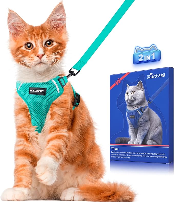 Halypet Cat Harness and Leash Set [ MAX Safety Third Generation ] Escape Proof Soft Adjustable Cat Leash Breathable Comfortable Vest Easy to Wear Kitten Harness for Outdoor Walking