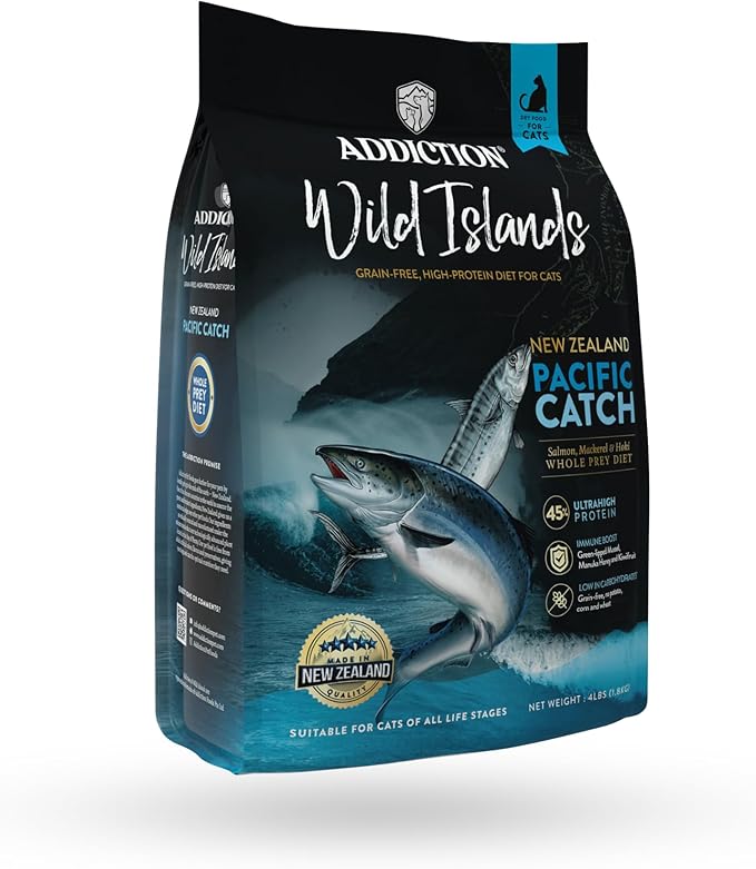 Addiction Wild Islands Pacific Catch – Premium King Salmon, Mackerel & Hoki Recipe – 45% Ultra-High Protein, Whole Prey, Grain-Free Dry Cat Food for All Life Stages – 4lbs