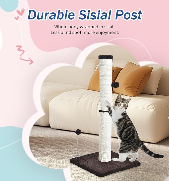 Cat Scratching Post 32" Tall Scratching Post Kitten Scratcher Sisal Scratch Posts Basic with Hanging Ball for Indoor Cats, Integrated Cat Toys, Brown