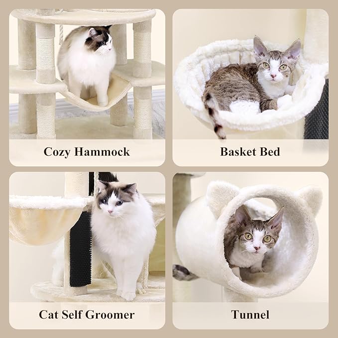 C81 Artistic Curved Cat Tower for Small Cats(Under 12 lbs), 81-inch Slim Design Cat Tree with Space-Saving Design, Indoor Cat Condo with Hammock & Tunnel, Beige, Non-Large Cats