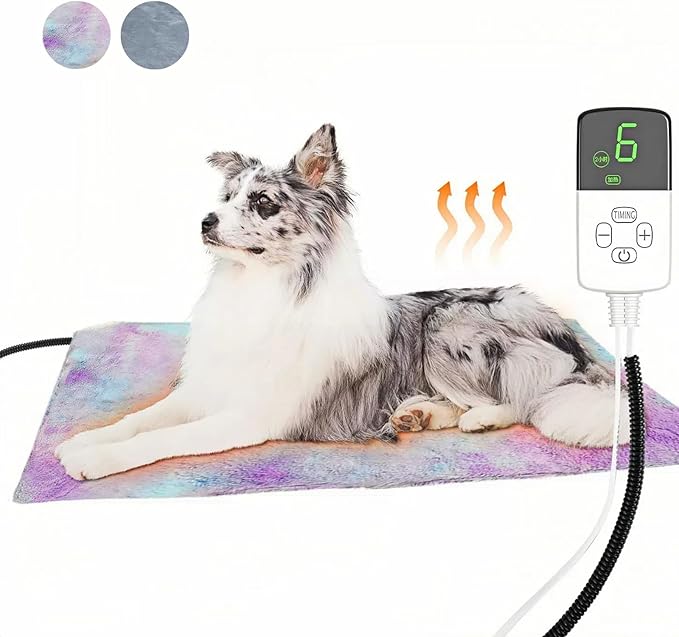 Pet Heating Pad, Indoor Waterproof Electric Soft Fluffy Heating Pad for Dogs Cats with 4 Timer and 9 Level Adjustable Temperature, Chew Resistant Cord, Detachable Cover -Large 27.5x17.7x0.6, (Color)