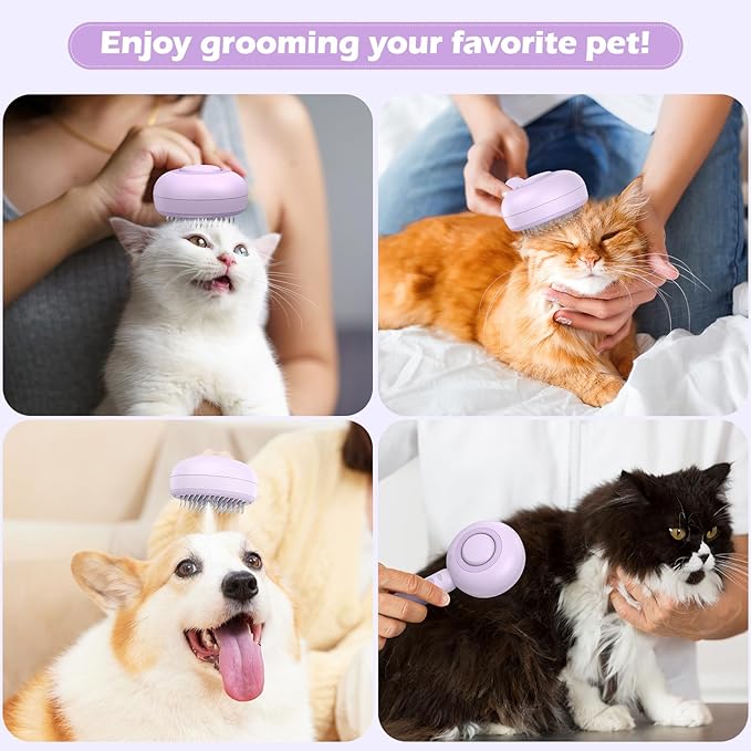 3 In 1 Steam Cat Brush with Release Button and Tank, Cat Brush for De-shedding that Effectively Remove Knots and Loose Hair, for Long and Short Hair Dogs and Cats