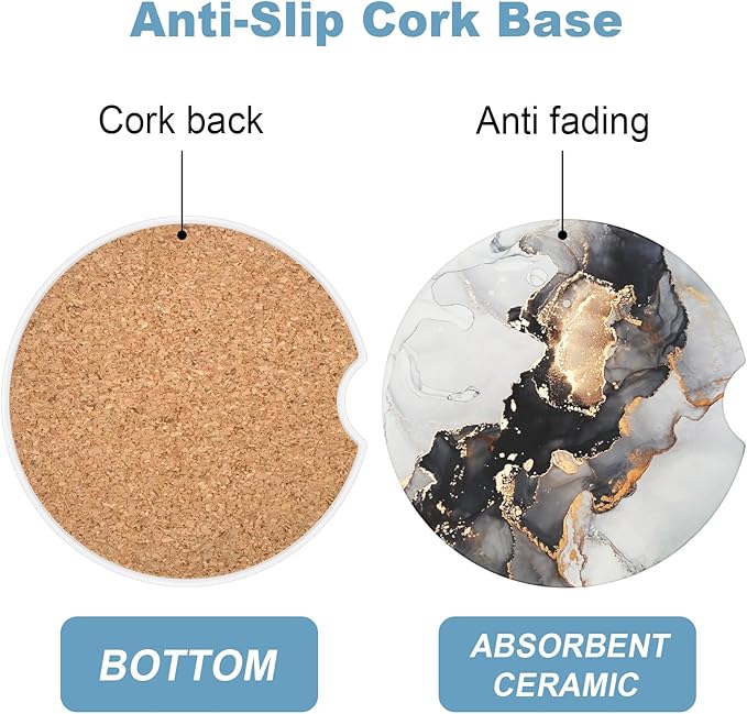 2 Pack Car Cup Holder Coaster, 2.63 inch Anti Slip Insert Absorbent Ceramic Car Coaster with Cork Base and Finger Notch, Cute Car Accessories Interior for Women, Cute Car Coasters., CH0025