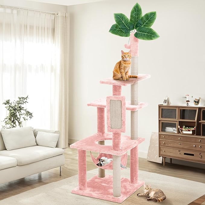61" Large Cat Tree Tower for Indoor Cats with DIY Green Leaves Scratching Post Multi Soft Hang Ball Plush Cat House Furniture 360° Rotating Cat Scratch Board with Hammock, Square Pink