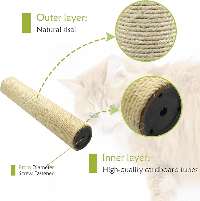 4 Pcs Cat Scratching Post Replacement for Indoor 15.7 x 3.1 Inches Cats Tree Replacement Parts Natural Sisal Cat Scratch Posts Refill Pole Part with M8 Screws Spare Cat Furniture Accessories