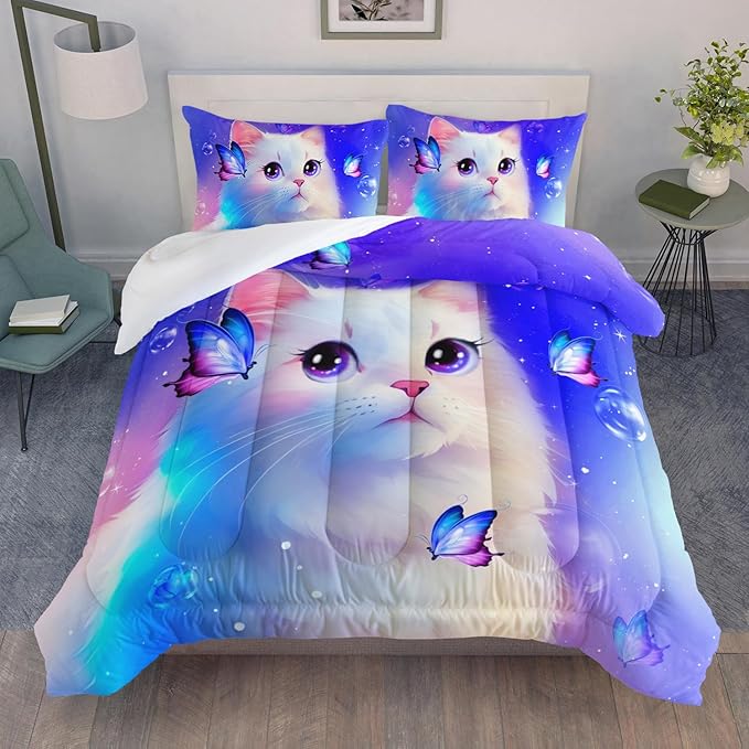 AILONEN Kids Cat Comforter Set Full Size,Butterfly Cute White Cat Bedding Set for Girls Boys,Purple Tint Duvet Set Cat Lovers 3 Pieces, 1 Quilt and 2 Pillowcases