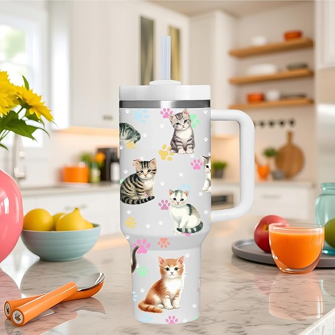 40 OZ Kitty Tumbler with Handle.Cat Lover Gifts.Unique Birthday Christmas Gifts for Cat Lover.Personalized 40 OZ Cat Tumbler Gifts for Women Men.