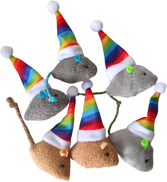6-Pack Christmas Catnip Cat Mice Toys with Rainbow Santa Hats Interactive Cat Toys for Indoor Cats Kittens, Christmas Thanksgiving Cat Toy Gift