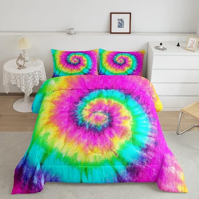 3 Piece Rainbow Tie Dye Comforter Set with 2 Pillowcases Boho Psychedelic Bedding Set for Kids Girls Teens Bohemian Gypsy Exotic Spiral Quilted Duvet Soft Comfy, Watercolor Art Down Comforter,King