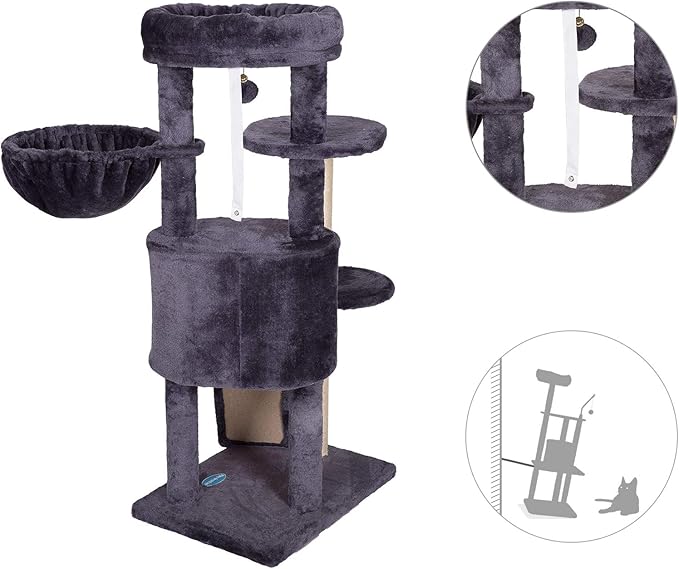 Hey-brother Cat Tree with Scratching Board, Cat Tower with Padded Plush Perch and Cozy Basket, Multi-Platform for Jump, Smoky Gray MPJ005G