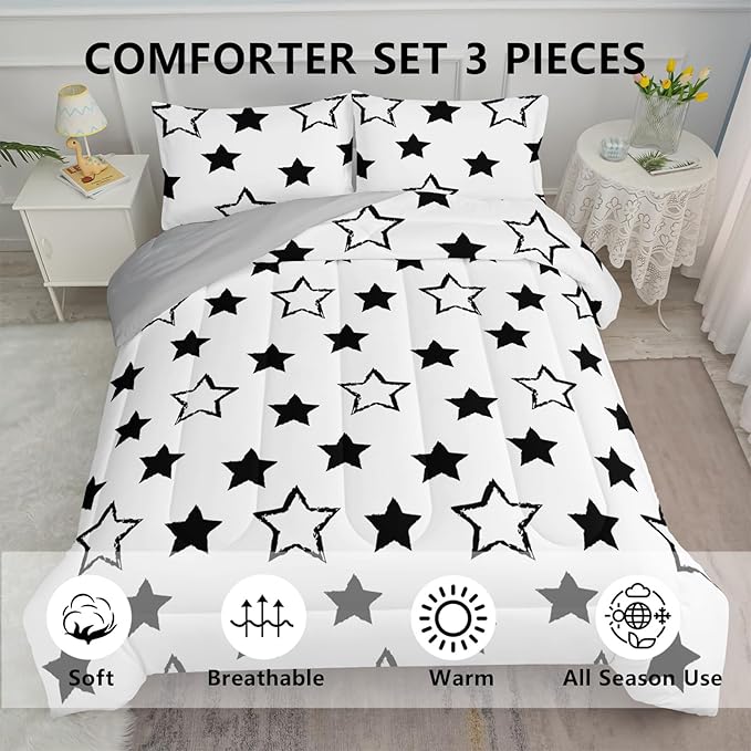 Axolotl Kids Twin Bedding Comforter Set,3Pcs Super Cute Soft Black and White Stars Quilt Set Bed in A Bag with 1 Comforter 2 Pillowcases for Kids Boys Girls Teens Adults Room Decor All Season