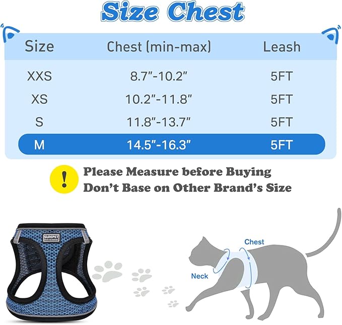 Cat Harness and Leash for Walking Escape Proof, Adjustable Kitten Vest Harness Reflective Soft Mesh Puppy Harness for Outdoor, Comfort Fit, Easy to Control (Blue, M)