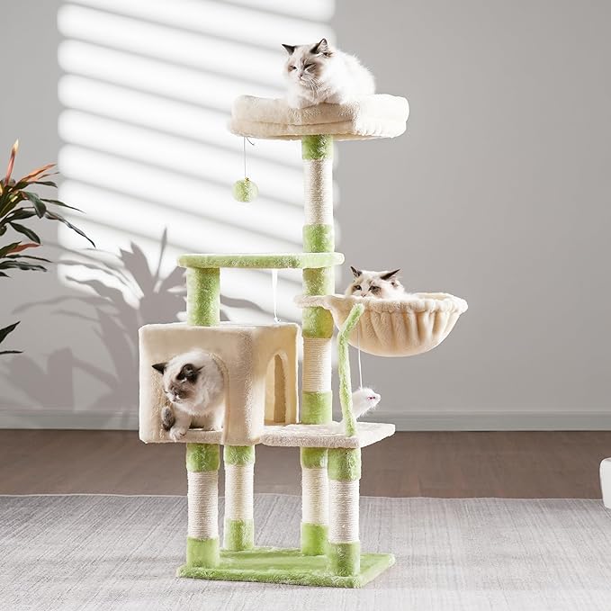 Heybly Cat Tree with Toy, Cat Tower condo for Indoor Cats, Cat House with Padded Plush Perch, Cozy Hammock and Sisal Scratching Posts, Green and Beige HCT004SGM