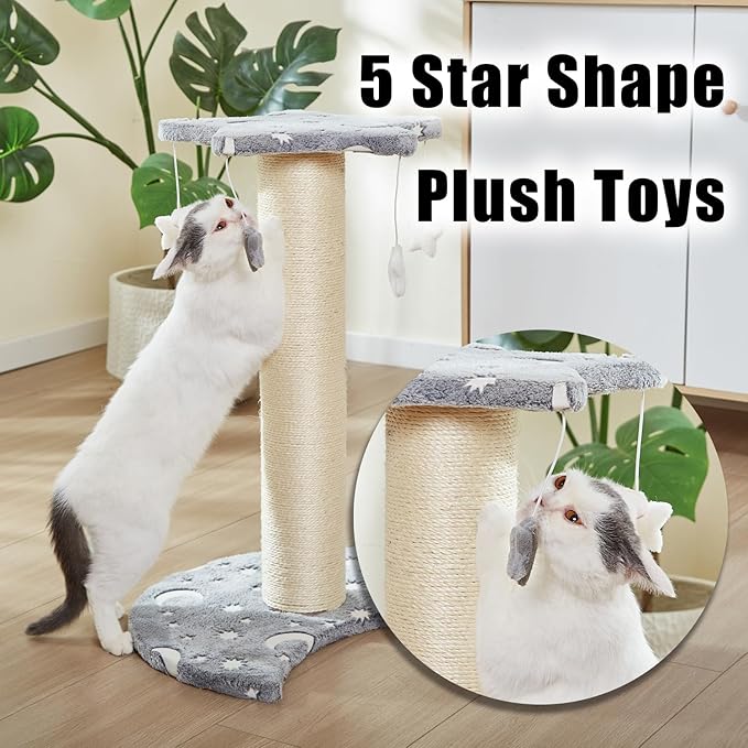LUCKITTY Small Cat Scratching Post with Star Moon Design, Glow-in-The-Dark Fabric, 5 Plush Toys, Kitten Stratcher Tree Protecting Your Furniture,16 in Wide by 20 in High