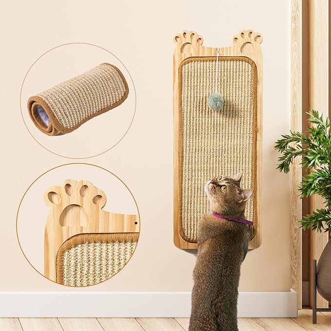 Wall Mounted Cat Scratcher, Cat Wall Scratching Post, Sisal Cat Wall Scratcher with Cat Ball Toy, Wood Cat Scratching Board for Indoor, Cat Wall Furniture Scratch, Cat Wall Scratcher