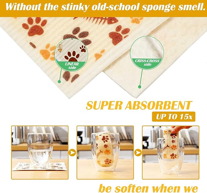 6 Pieces Cat Sweedish Dishcloth Dish Towels Durable Swedish Cleaning Cloths Absorbent and Fast Dry Kitchen Towels Cats Cleaning Cloths for Kitchen Bathroom Office Wedding Housewarming