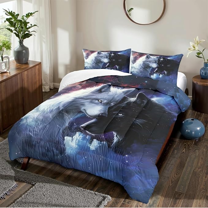 Animal Print Comforter Set Twin Wolf Bedding Set Wild Animals Bedding Black White Wolves Couple Comforter Soft Down Comforter with 1 Pillowcase