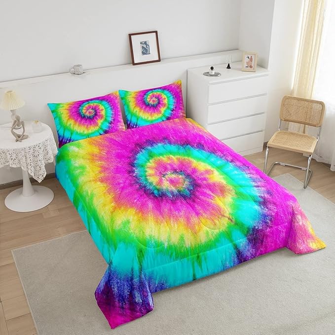 3 Piece Rainbow Tie Dye Comforter Set with 2 Pillowcases Boho Psychedelic Bedding Set for Kids Girls Teens Bohemian Gypsy Exotic Spiral Quilted Duvet Soft Comfy, Watercolor Art Down Comforter,King