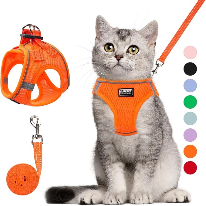 Cat Harness and Leash Set, Soft and Breathable Vest with Reflective Strip, Escape Proof Kitten Harness, Easy to Wear for Cats Walking and Traveling (Orange, L)