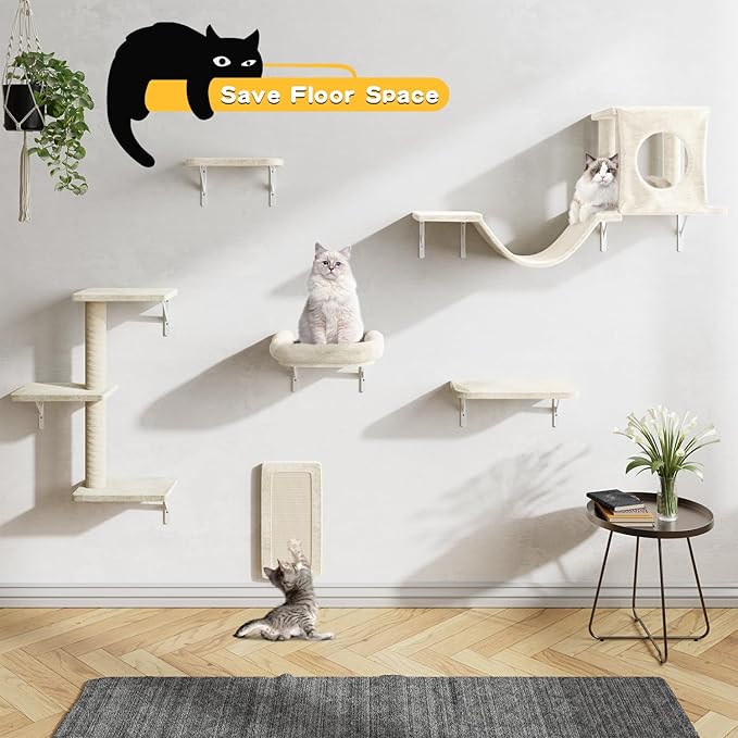 Wall Mounted Cat Furniture, 6pc Cat Wall Furniture, Cat Climber with Cat House, Bridge, Tree, Steps, and Scratcher, DIY Cat Walls Playground, Cat Shelves for Indoor Wall Furniture Set - White